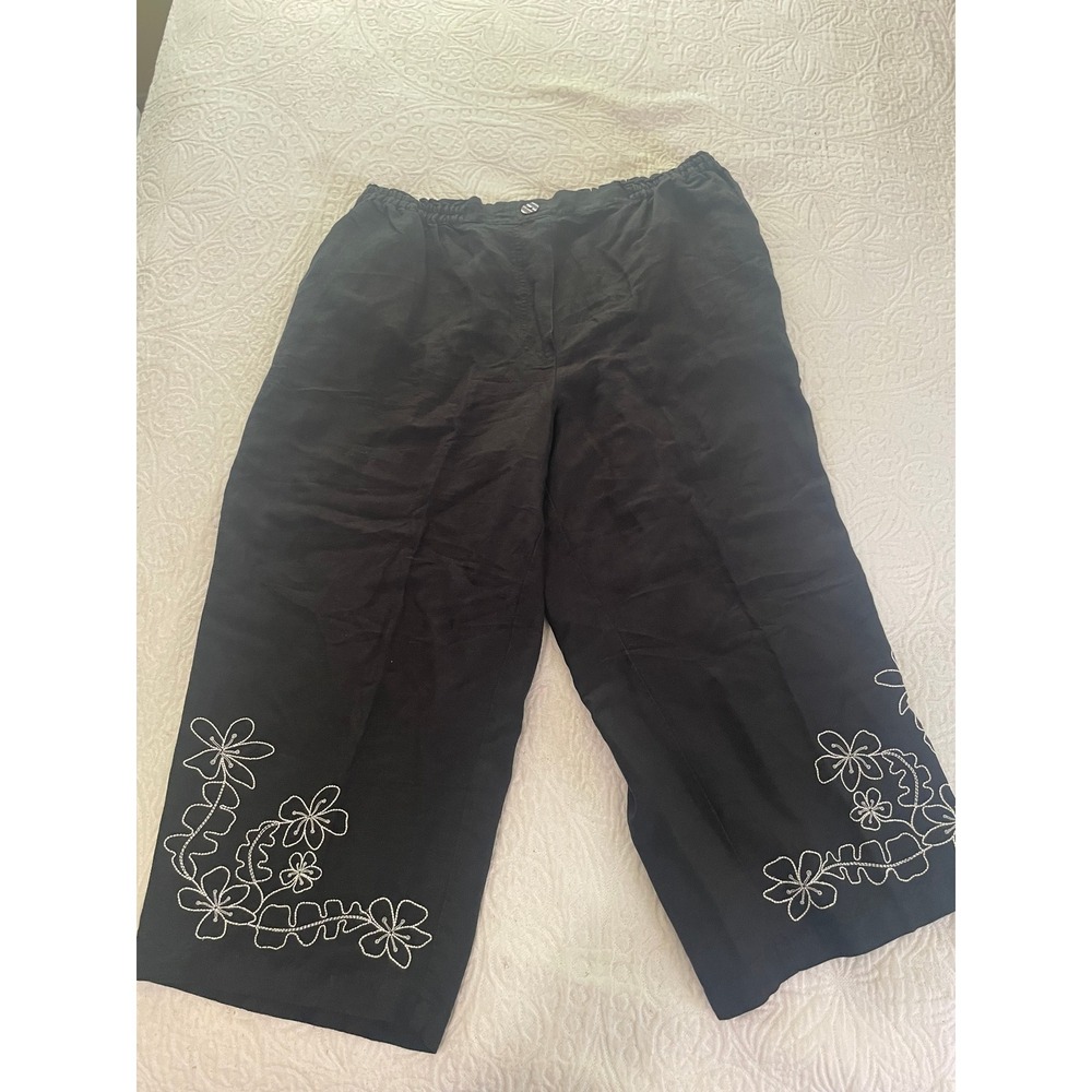 Avenue Black Linen Blend Floral Embroidered Cropped Pants Womens 14/16 Wide Leg